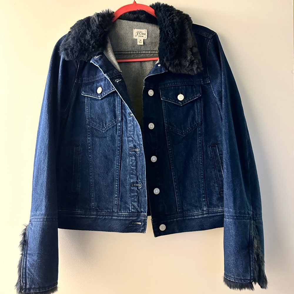 J. Crew Blue Denim Jacket with Furry Collar
